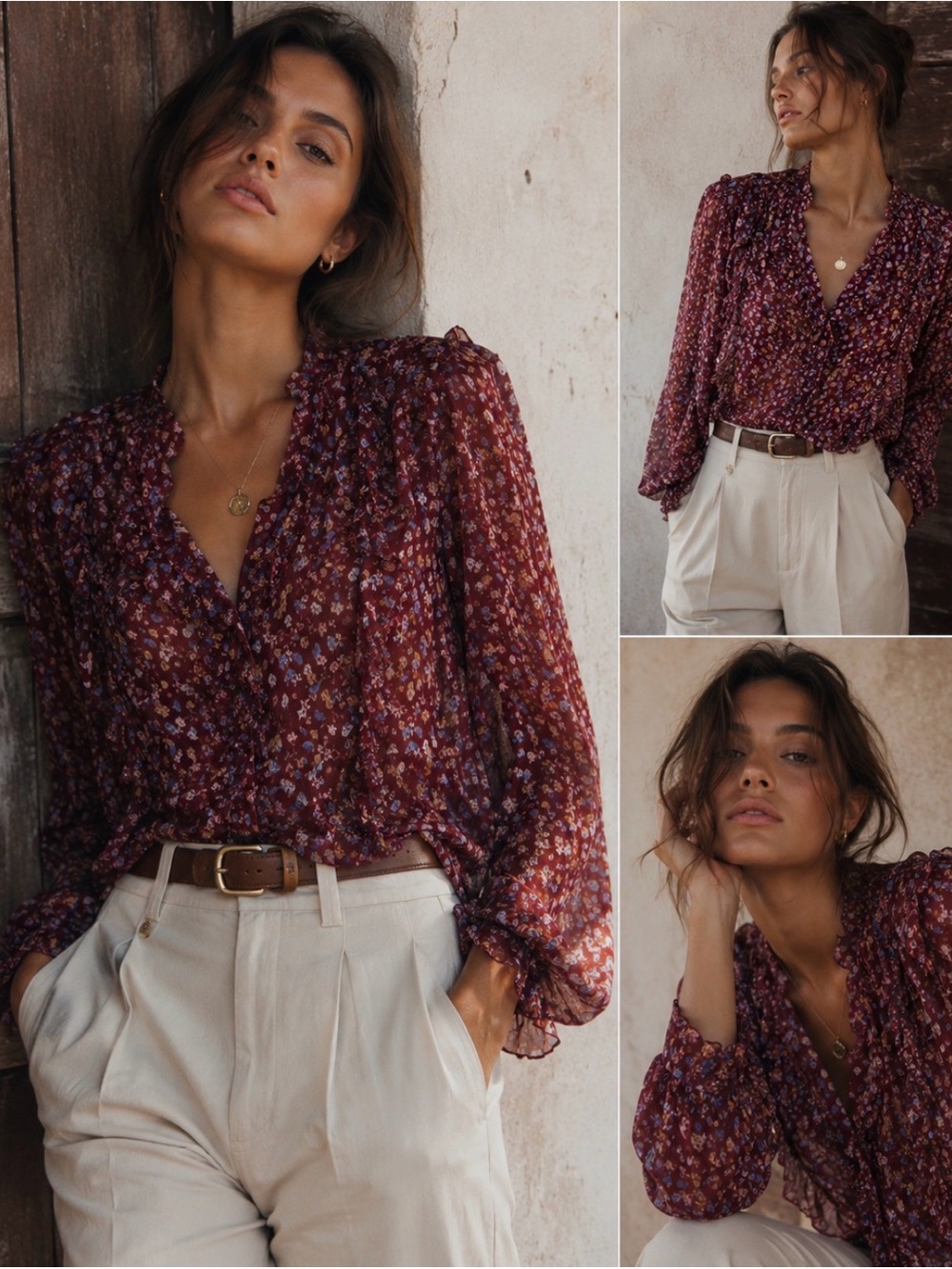 Sezane Tops | Sezane Celine Blouse In Fleurs Bordeaux Sz 40 US 8 magenta sheer